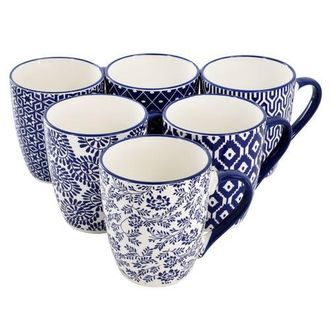 Elama Declan 6 Piece 12 Ounce Assorted Design Stoneware Mug Set in Blue at Nordstrom