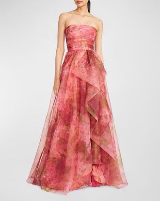 Theia Fahreta Strapless Floral-Print Ruffle Gown