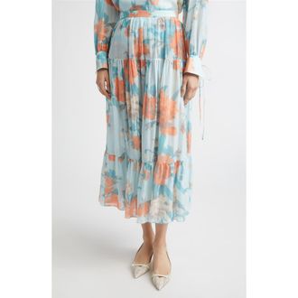 Erdem Floral Print Tiered Cotton & Silk Voile Midi Skirt in Trailing Poppy Dream Blue at Nordstrom, Size 10 Us