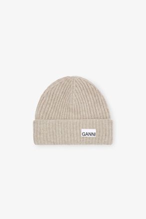 Ganni Beige Sand Fitted Wool Rib Knit Beanie
