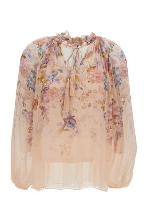 Zimmermann Pink/Floral Floral Valiant Billow Silk Slip-Set Blouse