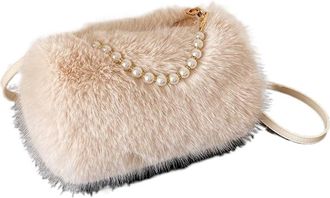 Generic Womens Plush Bags Winter Fluffy Shoulder Bags Womens Pearl Handle Ladies Crossbody Bag Small Female Handbags Purses(Khaki)