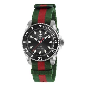 Gucci Ya 136364 - Dive 40 mm roestvrijstalen kast- zwarte wijzerplaat- keramische lunette- nato groen-rood-groene band- automatisch uurwerk - Dames - Horlog