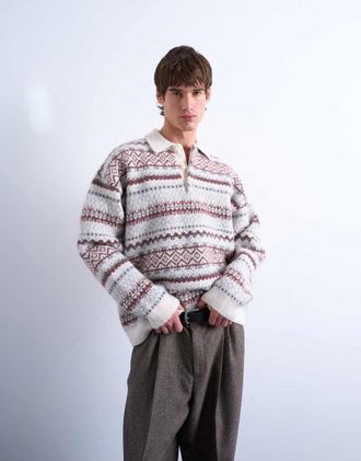 Topman Polo in maglia vestibilit&agrave; classica &eacute;cru con motivo a righe Fair Isle a righe-Bianco