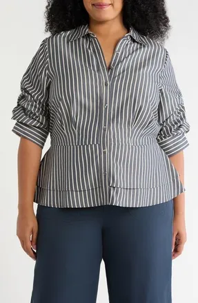 Wit & Wisdom Double Peplum Striped Button-Down Top in Navy/ecru at Nordstrom, Size 2X