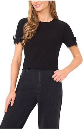 CeCe by Cynthia Steffe Short Sleeve Bow Sleeve Knit Top Womens Clothing Rich Black : LG, Polyester/Spandex