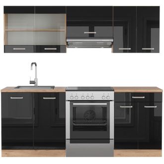 Vicco Mueble De Cocina R-line, Roble Negro/dorado De Alto Brillo, 200 Cm, Et Roble