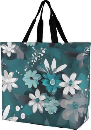 Generic Teal Grey And Flower Handbag Lightweight Tote Bag Durable Handbags For Camping Casual Travel