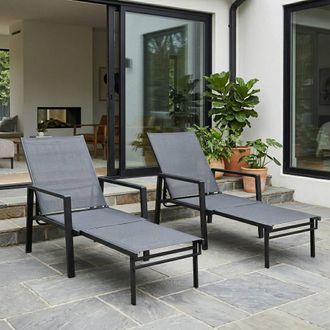 OUTSUNNY Sun Loungers Set of 2 w/ Retractable Footrest 5-Position Adjustable in Dark Grey
