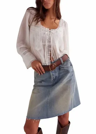 Free People Suzy Denim Midi Skirt In Sun Ston Blu