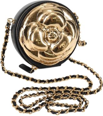Chanel Round Camellia Coin Purse Leather Black Leather Bag (Pre-Owned)
