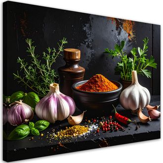 Feeby Cuadro En Lienzo, Especias Y Hierbas Con Ajo, 120x80