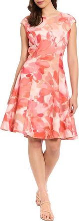 London Times Floral Cap Sleeve Fit & Flare Dress in Ivory/Coral at Nordstrom Rack, Size 16