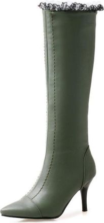 Generic Womens Knee High PU Leather Look Boots Stiletto Heels Pointed Toe Lace Ruffle Detail Comfortable Slip Resistant Party Evening Prom Fashion Shoes,Green
