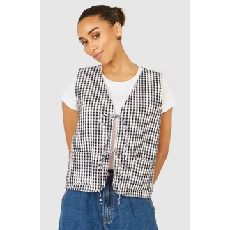 Yumi Gingham Reversible Cotton Tie Waistcoat in Black at Nordstrom, Size 10