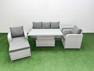 Fimous PE Rattan Garden Furniture Set Reclining Chair Sofa Lounge Sofa Set Adjustable Lifting Dining or Coffee Table Side Table Big Footstool Light