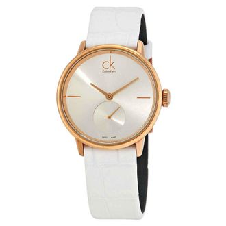Calvin Klein Accent Silver Dial White Leather Ladies Watch K2Y236K6