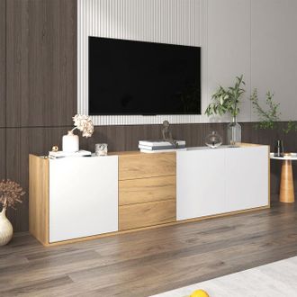 OEM Mueble De Tv - 171,5 Cm - 3 Puertas Y 3 Cajones - Blanco Y Aspecto Madera - Instalaci&oacute;n En El Suelo O Fijaci&oacute;n A La Pared