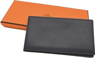 Hermès Dark Navy Evercalf Leather Silk Long Wallet (Bi-Fold) (Pre-Owned)