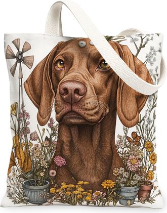 Generic Spring Vizsla Dog Canvas Tote Bag for Shopping 13x15, Farmhouse Country Puppy Reusable Grocery Print Bag for Women, Farm Pet Beach Aesthetic Painting 