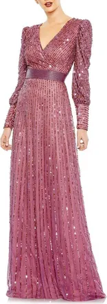 Mac Duggal Sequined Wrap Over Bishop Sleeve Gown in Mauve at Nordstrom, Size 22