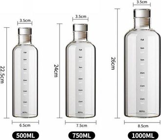 No Brand Botella De Agua De Vidrio, 1000 Ml / 750 Ml / 500 Ml, 3 Unidades, Botella De Agua Con Vidrio Para Marcar La Hora, Botella De Vidrio Reutilizable Con T