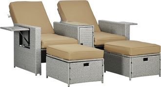 OUTSUNNY Recliner Rattan Sun Lounger w/ Storage Tea Table & Footstools - Beige | TJ Hughes