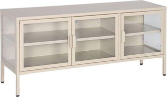 Sweeek Industrial metal and tempered glass TV stand with 3 doors 120cm, Arkansas, Beige, 120x35x55 cm