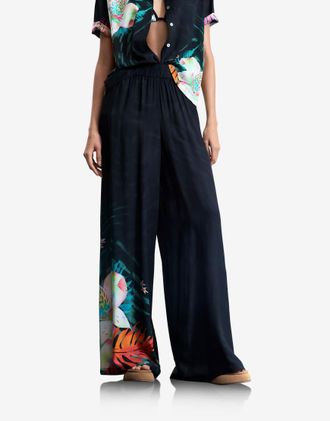Desigual Pantaloni fluidi neri con stampa tropicale-Nero