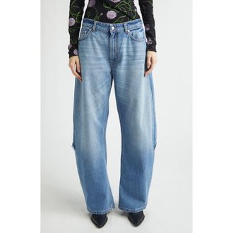 Stella McCartney Deconstructed Curved Barrel Leg Jeans in Mid Blue at Nordstrom, Size 29