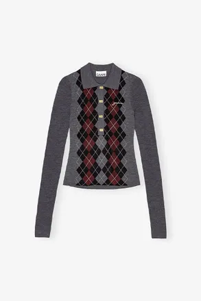 Ganni Grey Knitted Polo Shirt - Size XXS Merino Wool
