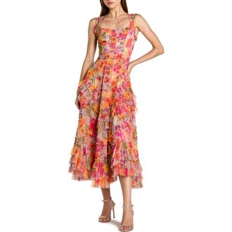 Mac Duggal Floral Scoop Neck A-Line Ruffle Midi Dress in Multi at Nordstrom, Size 14
