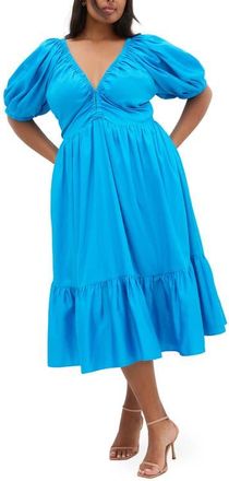 City Chic Grace Puff Sleeve Midi Dress in Azure at Nordstrom, Size 24W