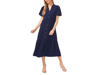 CeCe by Cynthia Steffe Short Sleeve Maxi Tiered Shirt Dress Womens Dress Classic Navy : SM, Polyester