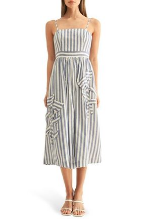 Adelyn Rae Emillia Stripe Floral Appliqu&eacute; Cotton Midi Sundress in Blue/White at Nordstrom, Size X-Small