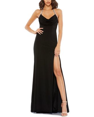 Mac Duggal Cowl Neck Halter Strap Low Back Gown