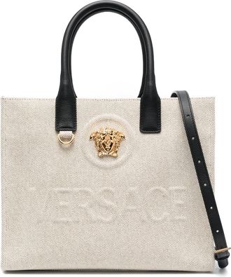 Versace large La Medusa canvas tote bag - women - Calf Leather/Cotton/Cotton/Acrylic/Acrylic - One Size - Neutrals
