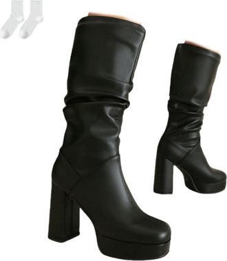 Generic Womens Knee-High Boots with Block Heel And Platform, Casual Slip-On Boots in A Leather Look with A Ruched Shaft, Comfortable Tall Boots for Everyday W