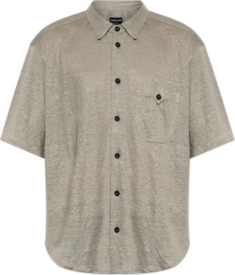 Giorgio Armani Linnen Overhemd met Zak - Heren - Korte mouwen Overhemden - Beige - L - Linnen - Overhemden