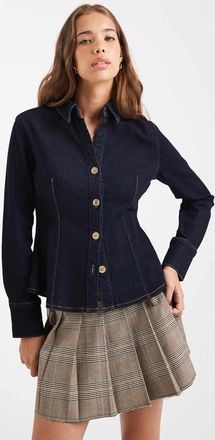 Miss Selfridge Camicia in denim a maniche lunghe aderente lavaggio indaco-Blu
