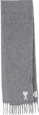 Ami Rectangular Grey Wool Blend Scarf With Fringed Edges And Intarsia Logo