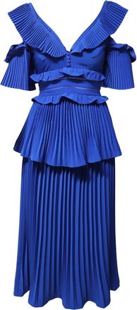 Self Portrait Ruffled Tiered Pleated Dress in Blue Polyester