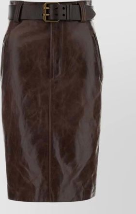 Saint Laurent high waist knee length leather skirt belt