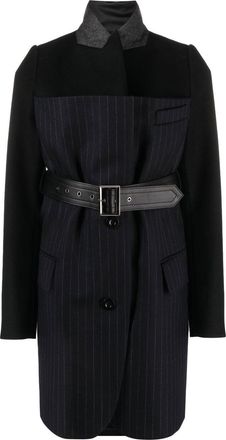 sacai belted pinstriped wool blazer - women - Wool/Cupro/Polyester - 3 - Black