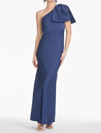 Sachin & Babi Aubrey One Shoulder Satin Gown In Washed Indigo