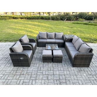 Fimous High Back Rattan Garden Furniture Set with Square Coffee Table Side Table 2 Small Footstools Indoor Outdoor Patio Lounge Sofa Set Dark Grey Mixed