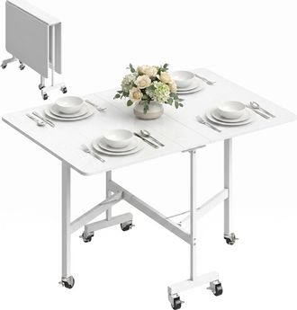 OEM Mesa De Comedor Plegable Para 4-6 Personas Con Ruedas Y Alas Abatibles Mesa Abatible Para Cocina 120x80x73 Cm Blanco