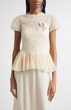 Simone Rocha Floral Embellished Sheer Tulle Peplum Top in Beige/Opaque Multi at Nordstrom, Size 0 Us