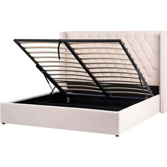 Beliani EU Super King Size Velvet Ottoman Bed 6ft with Storage High Headrest Off-White Lubbon