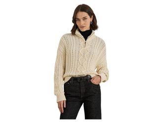 Lauren Ralph Lauren Aran-Knit Cotton Quarter-Zip Pullover Womens Sweater Mascarpone Cream : XL